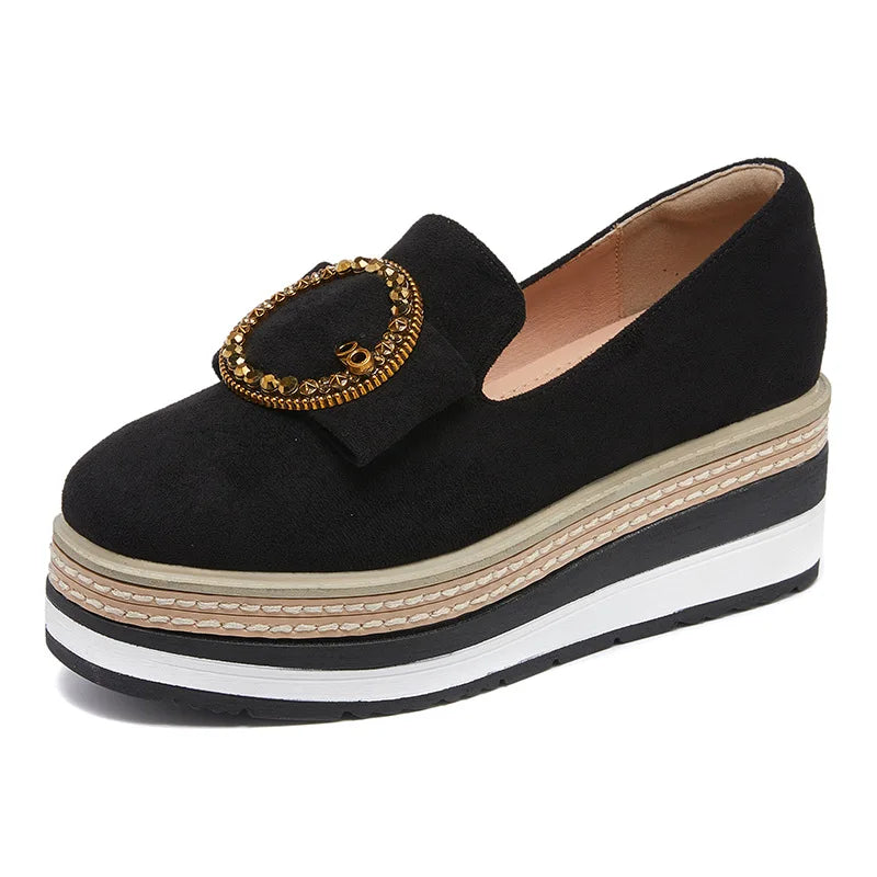Amay Shoes Woman Casual Female Sneakers Flats British Style Metal Chain Round Toe Clogs Platform Autumn Loafers With Fur Slip-on