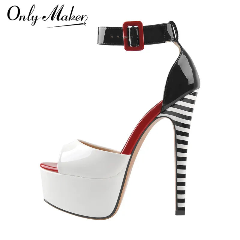 Maxy Only maker Women Platform Sandals Peep Toe Thin Heels Ankle Strap Zebra Stripes Party Dress Summer Lady Shoes Big Size Sandals