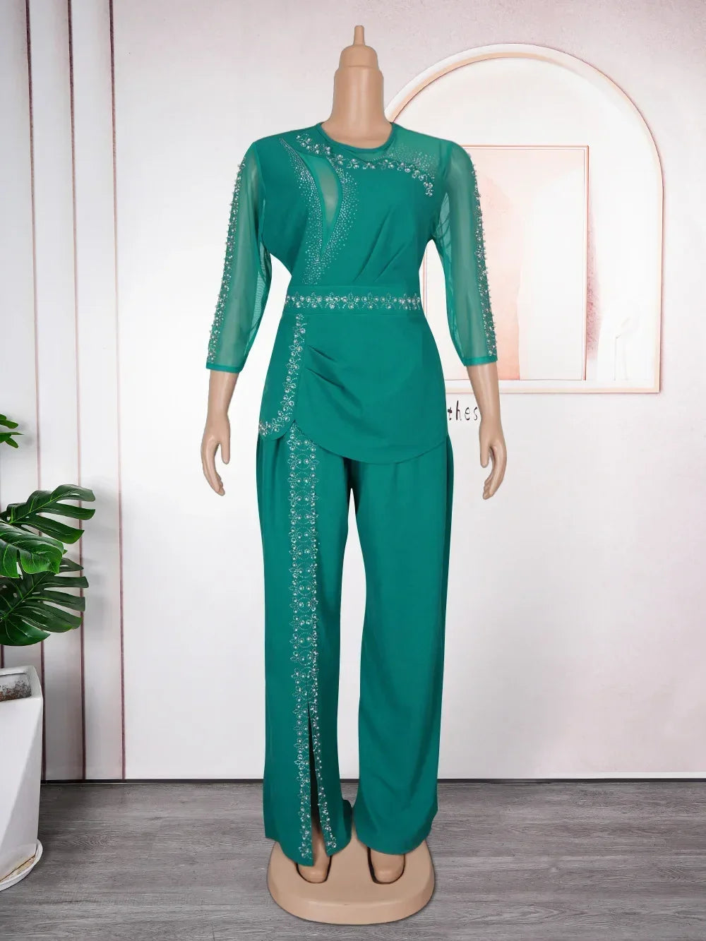 Maxy Clothes for Women 2 PCS Autumn Elegant 3/4 Sleeve Top Long Pant Matching Sets Outfits Dashiki Africa Clothing L-3XL