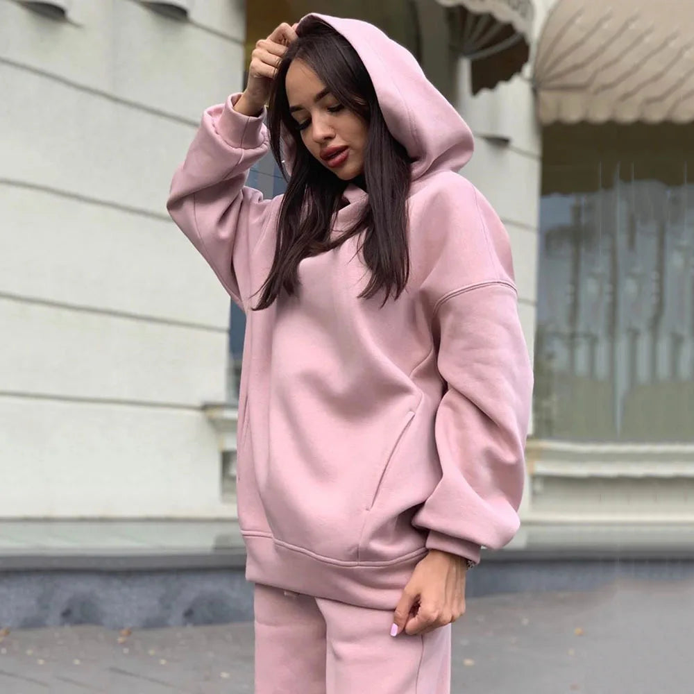 Maxy 2 Piece Sets Women Outfits Solid Color Simple Style Commuting Tracksuit Autumn Winter Warm Hoodies Top Suits Casual Sweatshirts