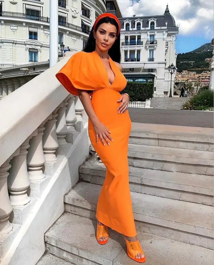 Visco Orange Prom Dresses for Black Girls Deep V Neck High Waist Women Maxi Long Wedding Guest Celebrity Evening Party Gowns