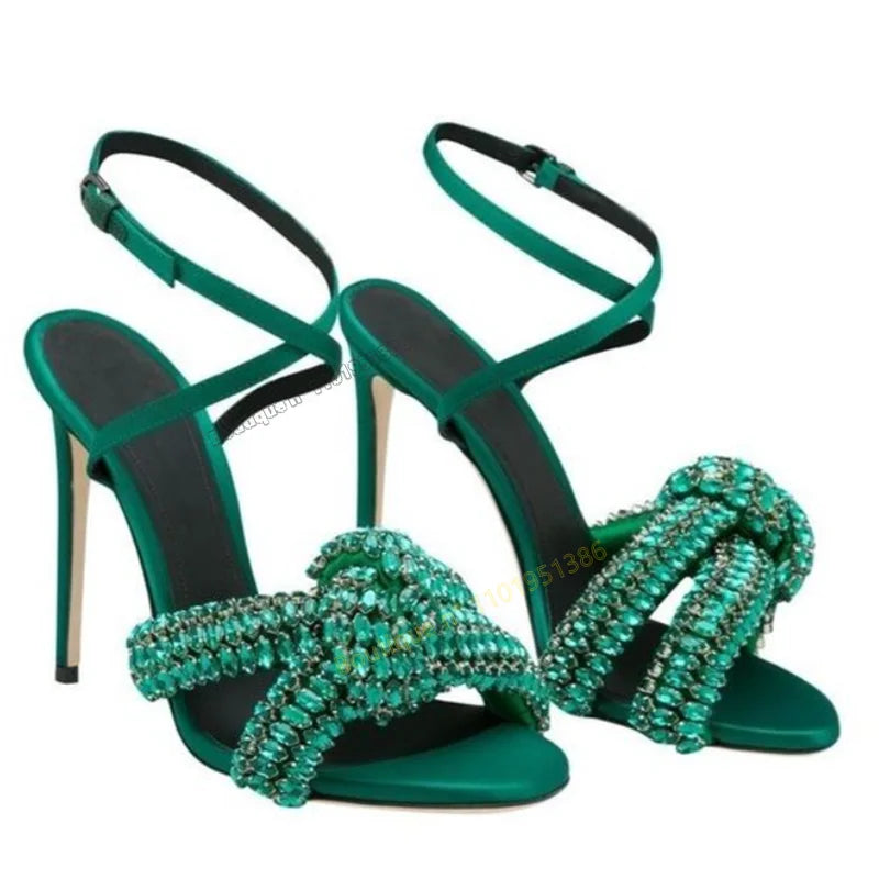 Babs Green Crystal Bow Knot Sandals Wedding Shoes for Women Solid Ankle Buckle Fashion Heel High Heels Shoes 2024