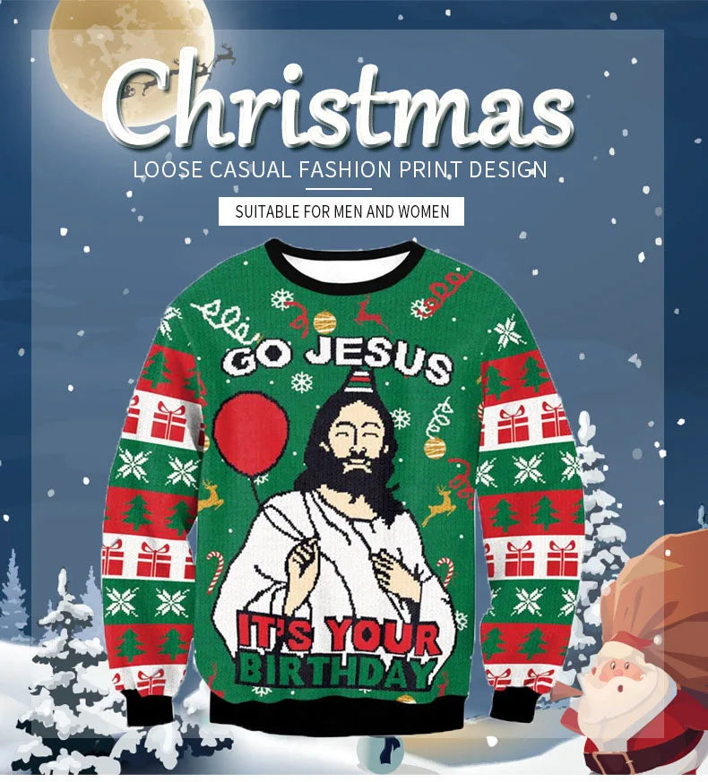 Visco Men Women Holiday Party Xmas Sweatshirt Happy Birthday Jesus Sweater Green 3D Funny Printed Ugly Christmas Sweaters Jumpers Tops