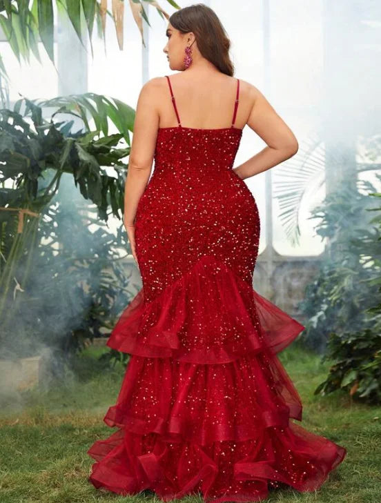 Maxy Plus Size Evening Dresses Women Sequins Mesh Splicing Party Dresses Fashion Sleeveless Sling Elegant Dresses Large Size Female