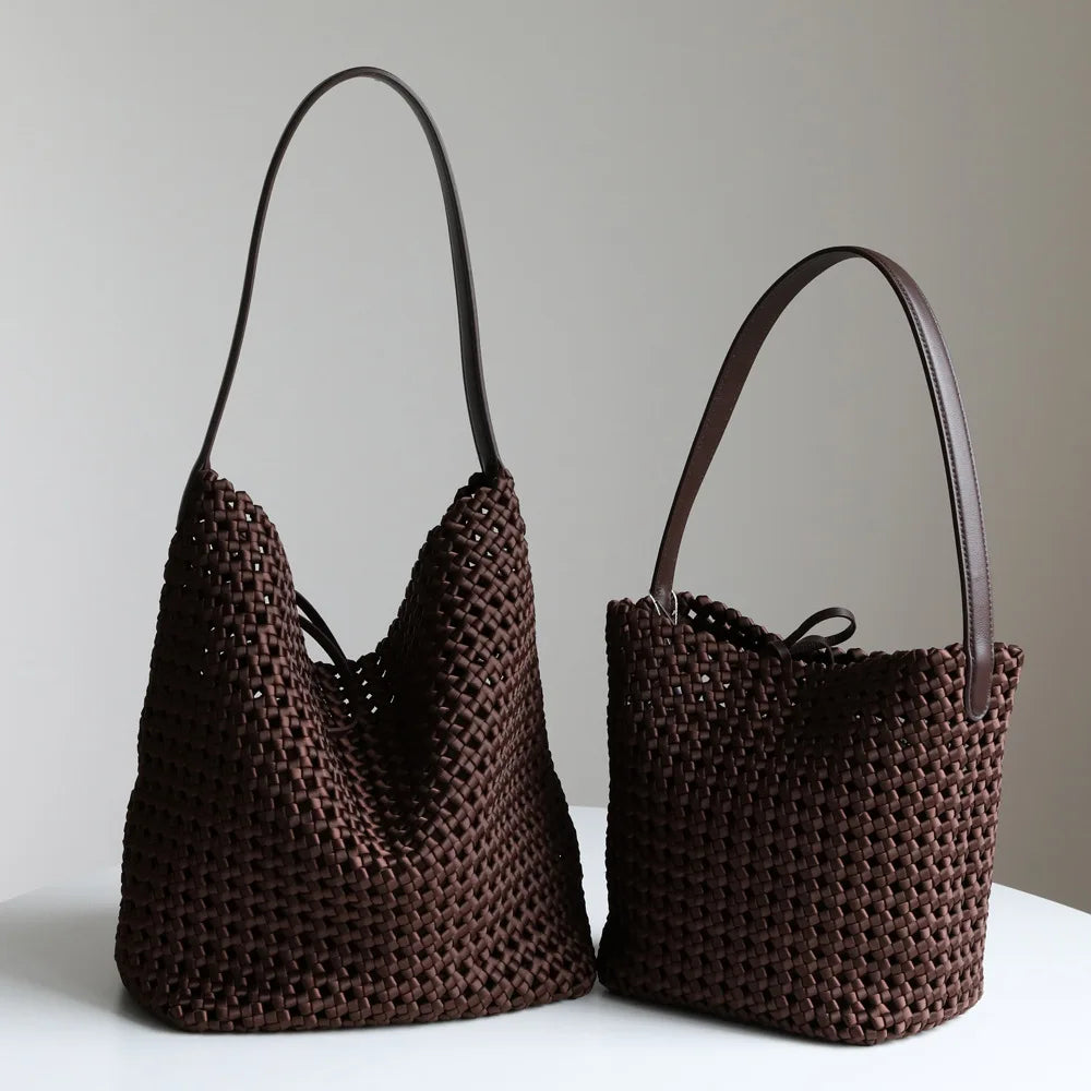 Maxy NEW Hollow woven silk and satin with cowhide women's bag large capacity tote bag hand-heeled shoulder armpit bag bucket bag