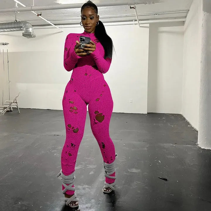 Amay Hollow Out Knit Slim Plain Ripped Jumpsuits Stand Collar Distressed Bodycon Lady Streetwear Casual Women Long Sleeve Jumpsuit
