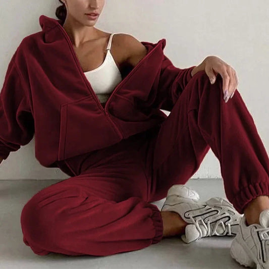 Maxy Women Tracksuit Autumn Winter Fleece Two Piece Sets Elegant Solid Oversized Warm Hoodies+Long Pant Sports Suit Ensemble Femme