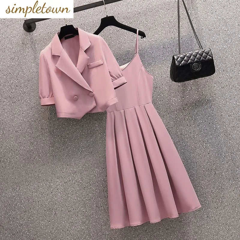 Maxy Spring and Summer New Large Women's Dress Korean Style Suit Top+fashionable Slip Dress Suit Is Slim and Fashionable