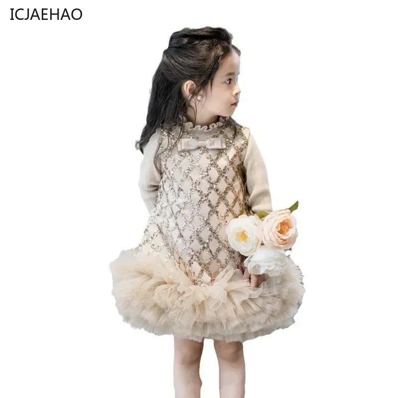 Maxy Princess Kids Sequin Long-Sleeved Princess Elegant Dresses Children's Ball Party Costume Flower Girls Wedding Tutu Clothes Vestidos