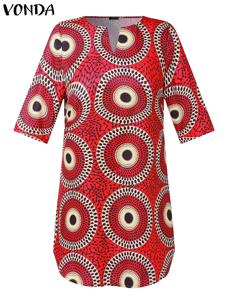 Amay Plus Size 5XL Women Blouse V-Neck Vintage Printed Shirts Elegant 3/4 Sleeve Casual Loose Tops Blusas Oversized