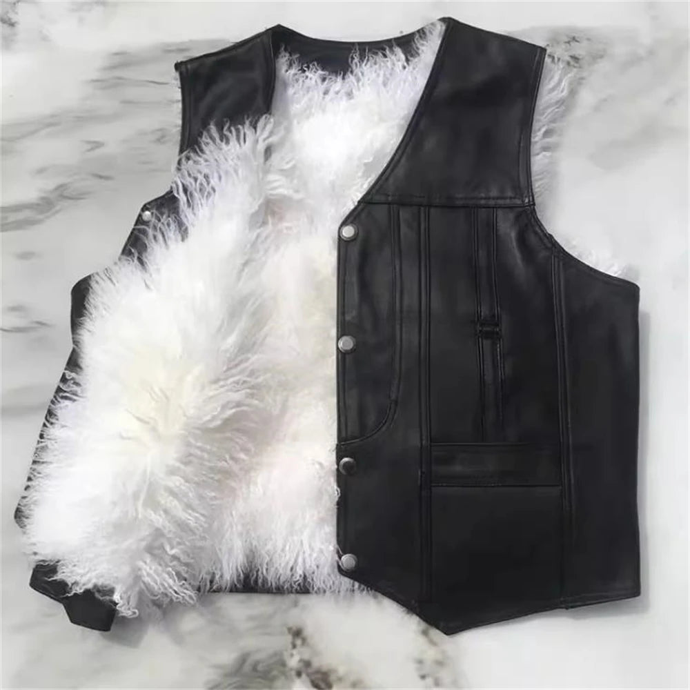 Visco Men's V-Neck Black Single Breasted Thick Fur Vest 100% Sheepskin Fur Vest Warm Autumn Winter Hot Sale