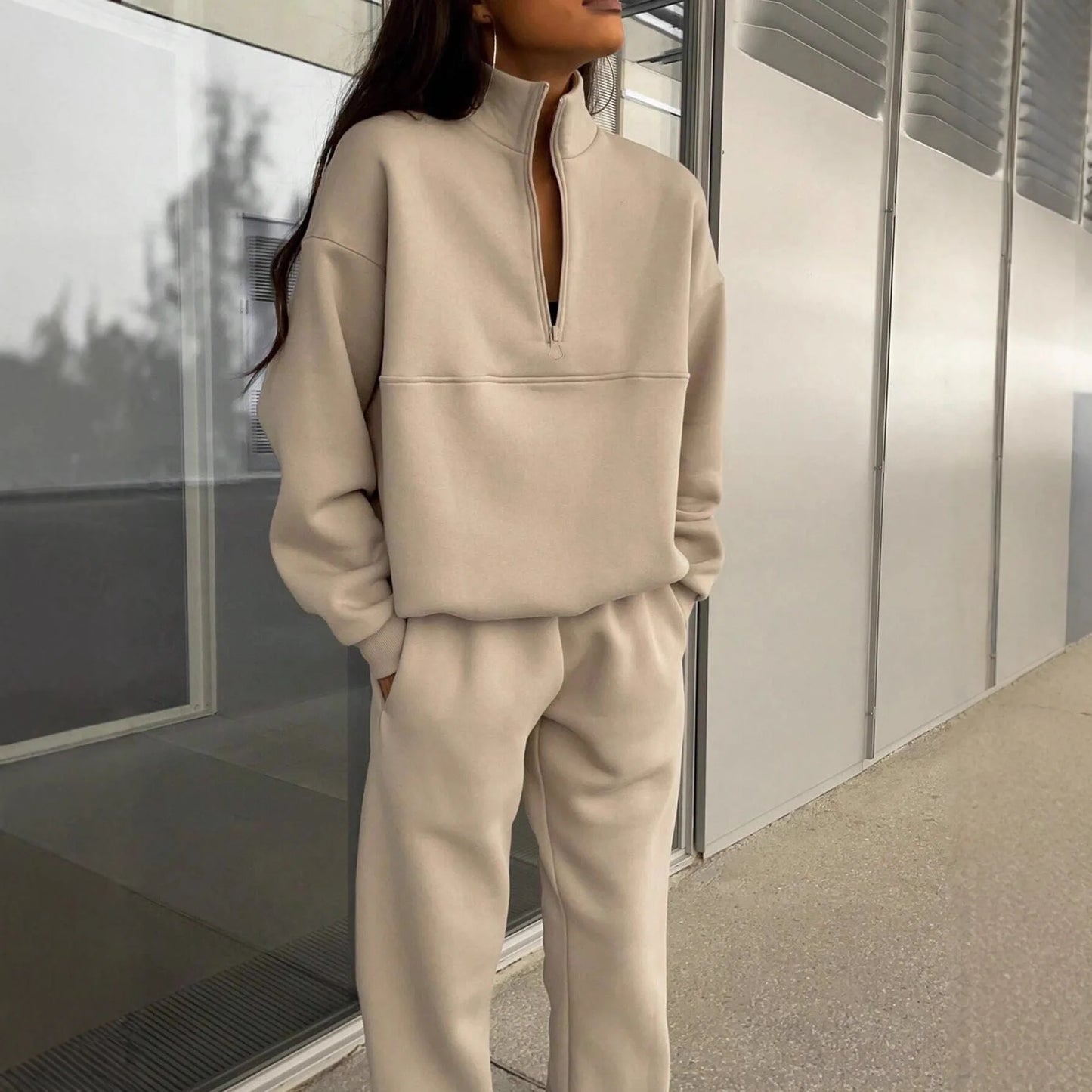 Maxy Women's Tracksuit Suit Autumn Fashion Half Zipper Stand Collar Hoodie Sweatshirts Two Pieces Casual Sportswear Long Pant Sets