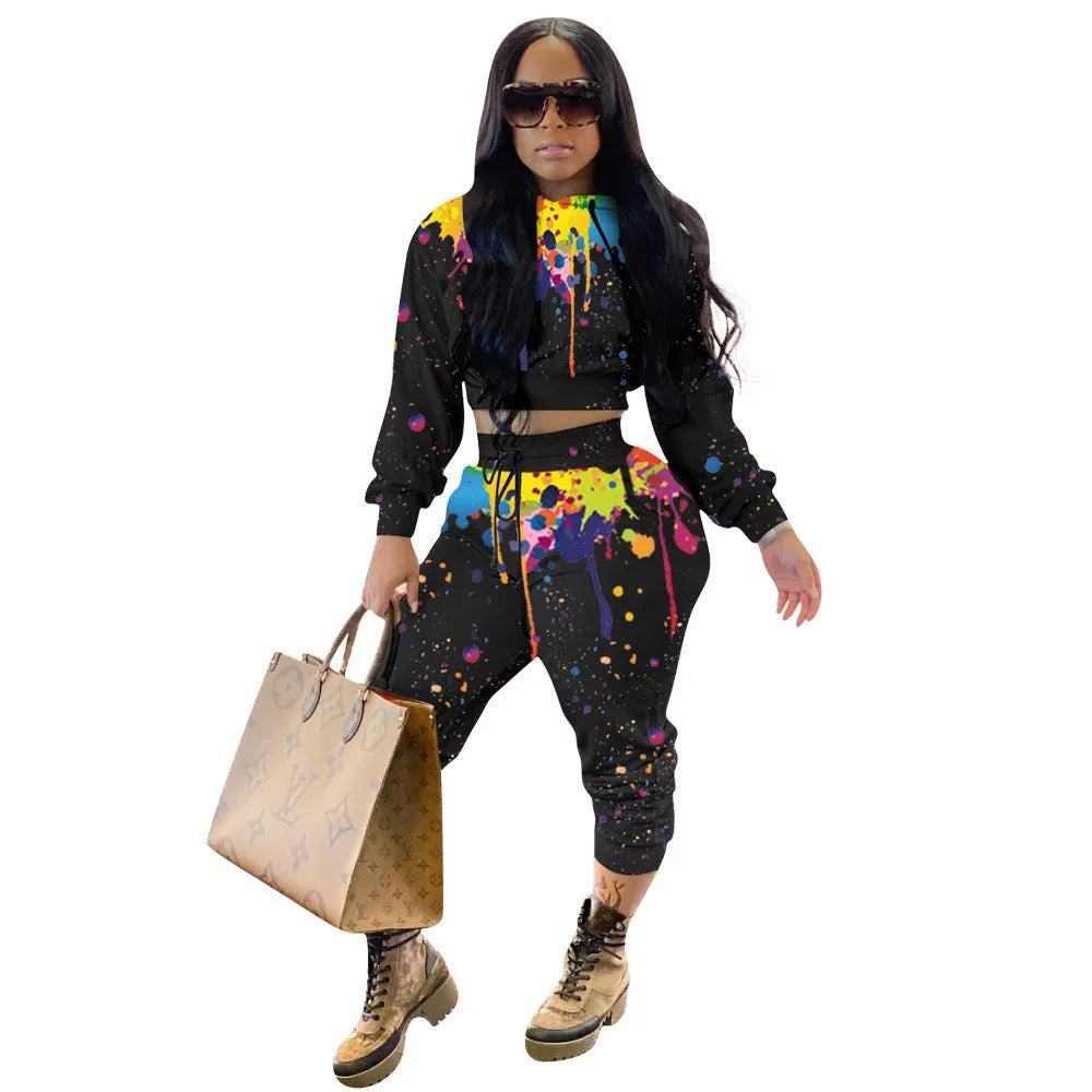 Maxy Splash-ink Print Sweat Suits Women Set Hoodies Sweatshirt and Sweatpants Set Two Piece Set Tracksuit Female Matching Set Outfits