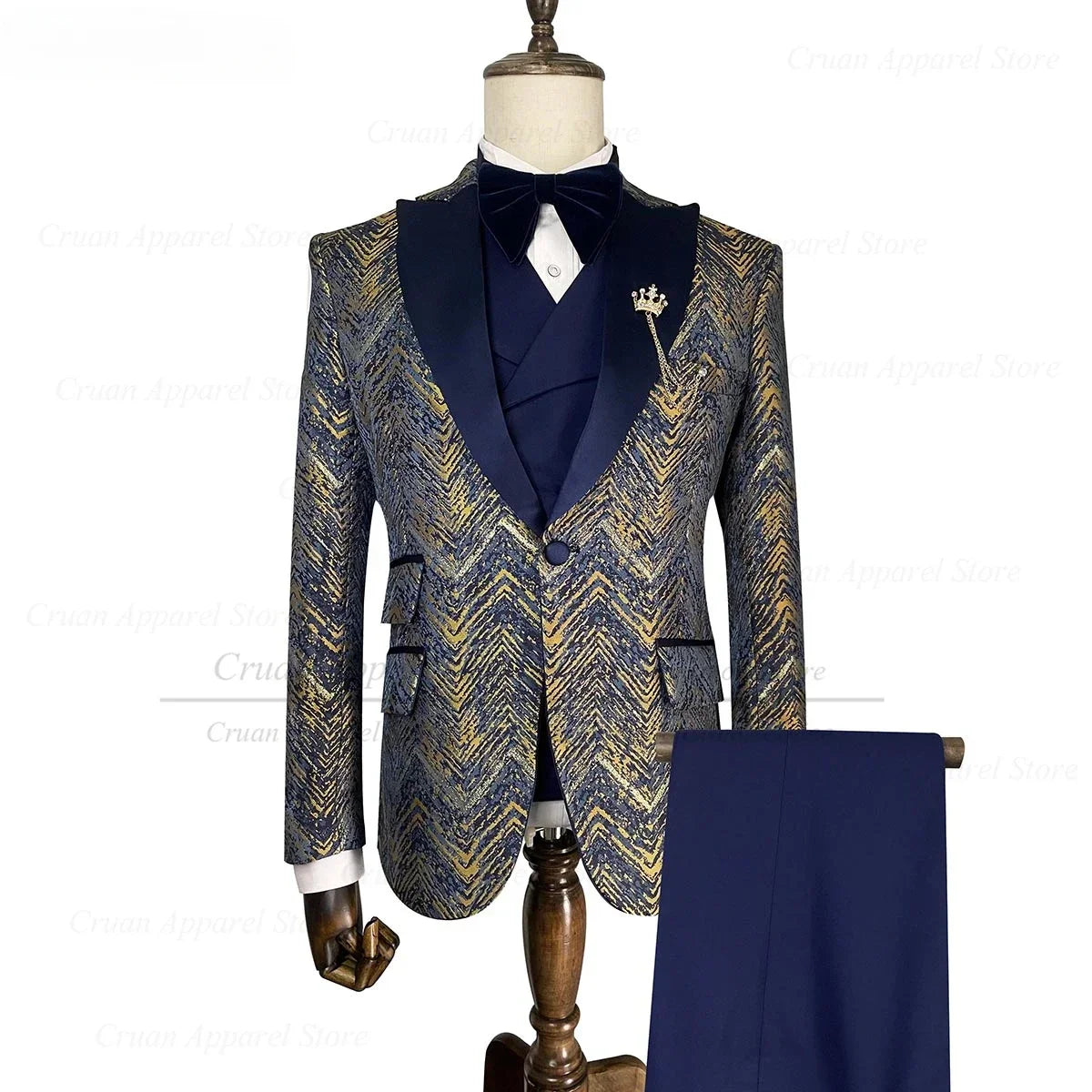 Visco Floral Suits for Men Slim Fit Gold Shiny Blazer with Vest Pants 3 Pcs Tailor-made Business Prom Wedding Groom Tuxedos