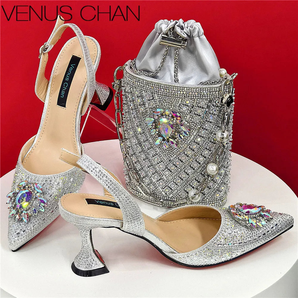 Maxy New Design Faux Champagne Texture Shoes and Bags Rhinestones Embellished Pointed Toe High Heels Fine Handbags