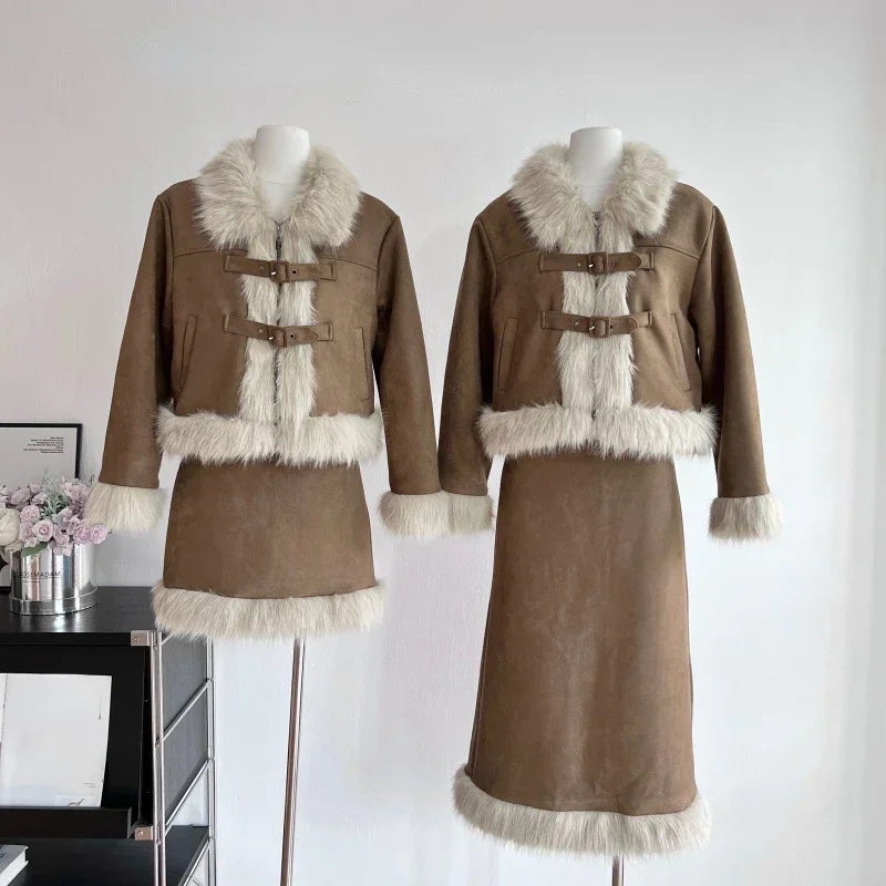 Autumn Retro Faux Fur 2 Piece Skirt Set Women Casual Y2k Vintage Blazers Jacket Coats + Skirts Japanese Kawaii Suit Chic Outfits