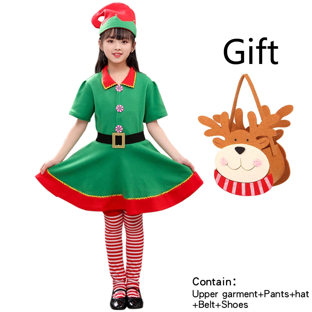 Max Christmas Santa Claus Costume Green Elf Cosplay Family Carnival Party New Year Fancy Dress Clothes Set For  Girls Boys