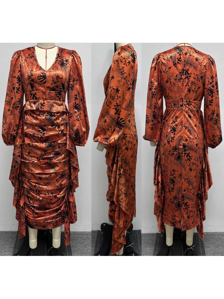 Maxy Dresses for Women Summer Autumn Africa Clothing Long Sleeve Ruched Dress Sexy V-Neck Slim Dress Office Lady Party