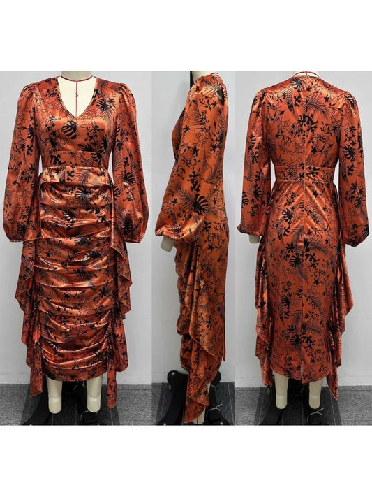 Maxy Dresses for Women Summer Autumn Africa Clothing Long Sleeve Ruched Dress Sexy V-Neck Slim Dress Office Lady Party