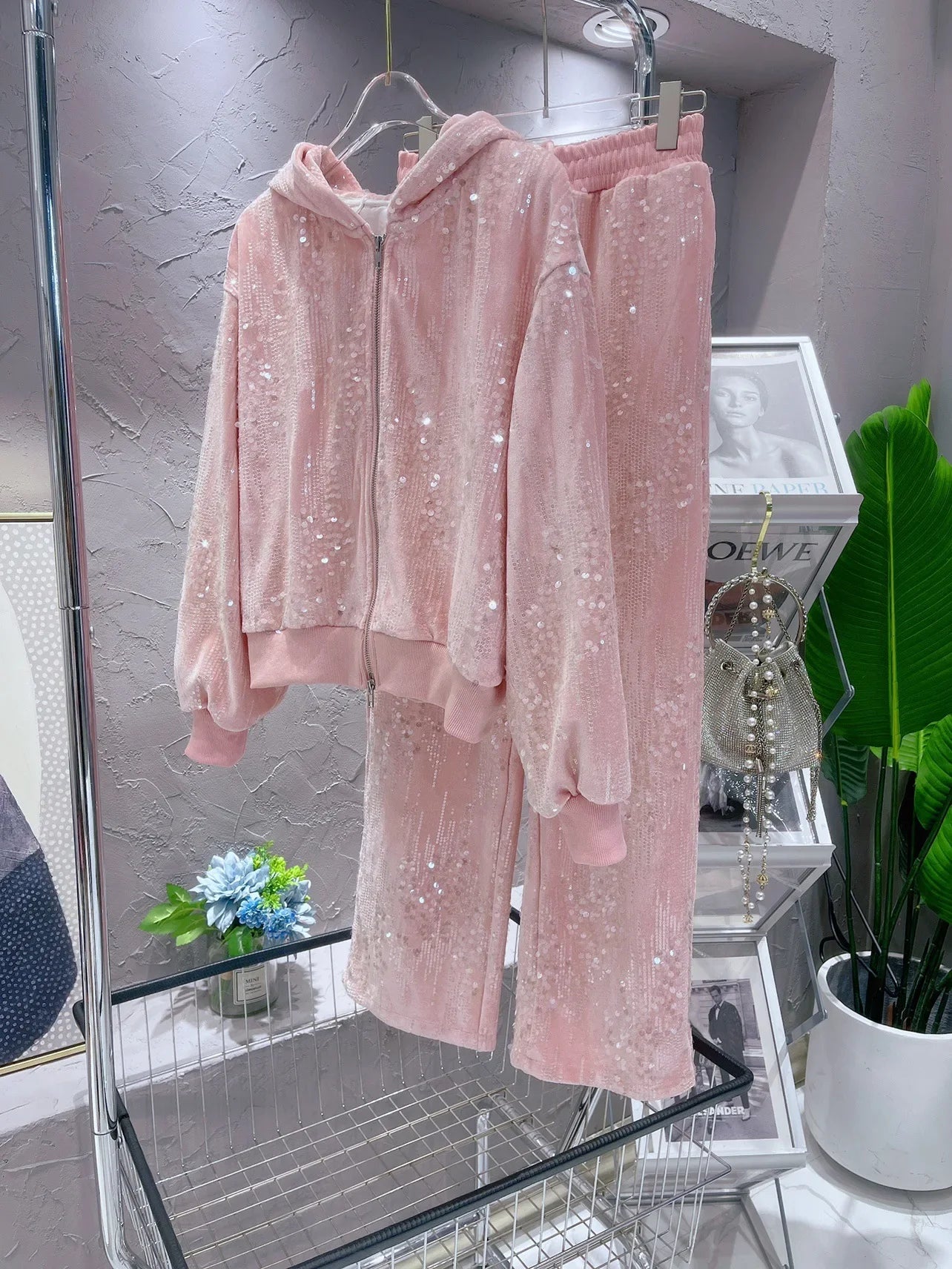 Maxy Fashion Pink Casual Suit for Women Autumn Winter New Gold Velvet Sequins Pearl Embroidery Sweatshirt Sports Pants Two-Piece Sets