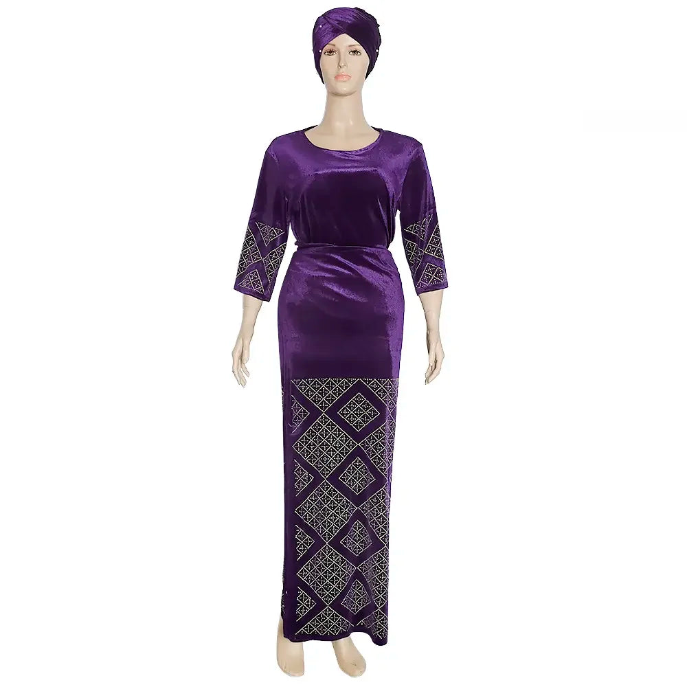 Maxy Plus Size Velvet Dress African Clothes for Women 3 Pieces Set Top Skirt with Head tie Ladies Long Party Dresses Robe