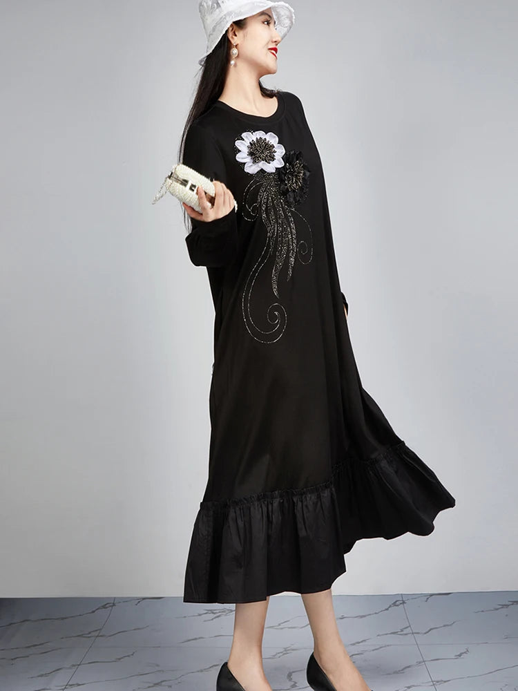 Maxy SHENGPALAE Trendy Embroidered O-Neck Long Sleeve Straight Tube Robe Summer New Versatile Loose Elegant Women's Dress 5C1368