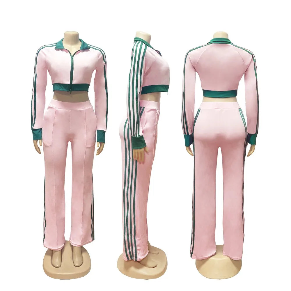Maxy HLJ Autumn New Patchwork Sporty Two Piece Sets Women Zipper Long Sleeve Crop Top And Pants Outfits Fashion Stripe 2pcs Tracksuit