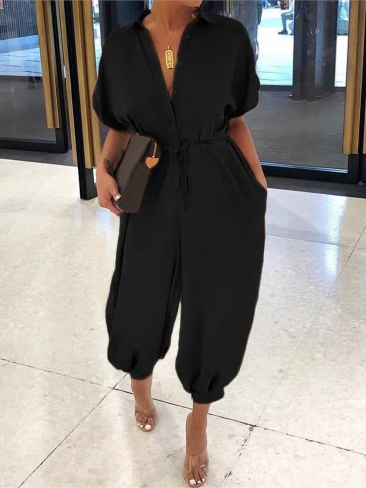 Amay Summer Fashion V-Neck Button Lace-Up Jumpsuit Short Sleeve Loose Playsuit Overalls Women Elegant Leopard Print Pocket Rompers