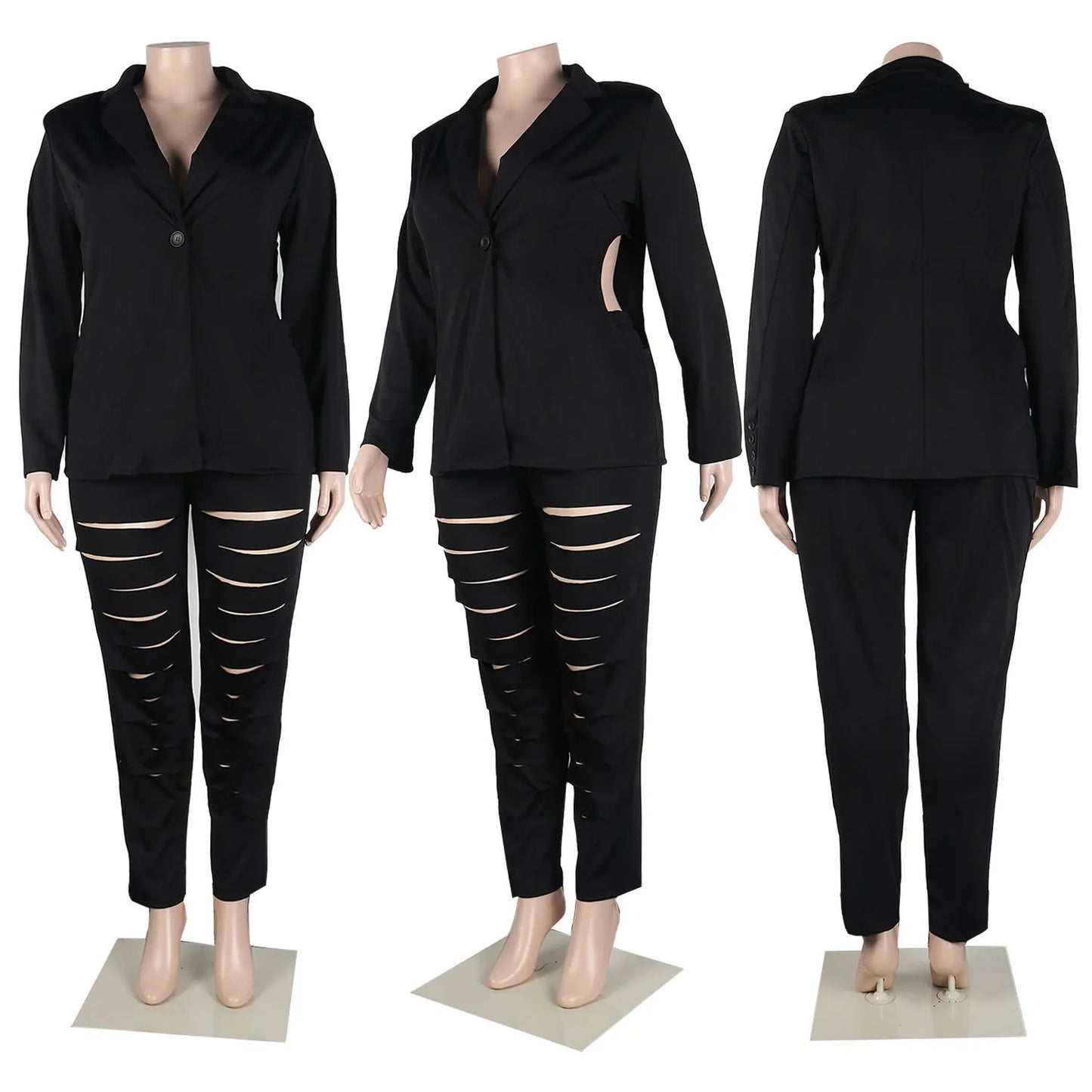 Maxy Plus Size Hollow Out Matching Set Women Solid Suit Jacket Female Winter Pencil Pant Lady Elegant Outfit Two Piece Pant Set