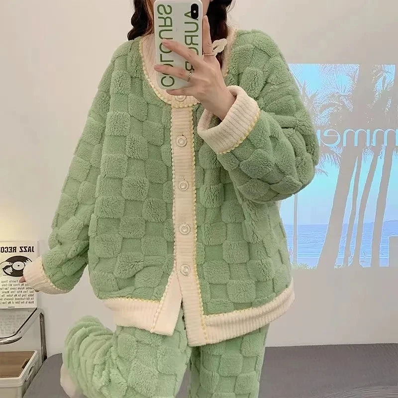 Maxy Plush Thick Warm Sleepwear Flannel Winter Home wear Set 2024 New Pajama Women's Autumn Winter Loungewear Coral Velvet Cute Sweet