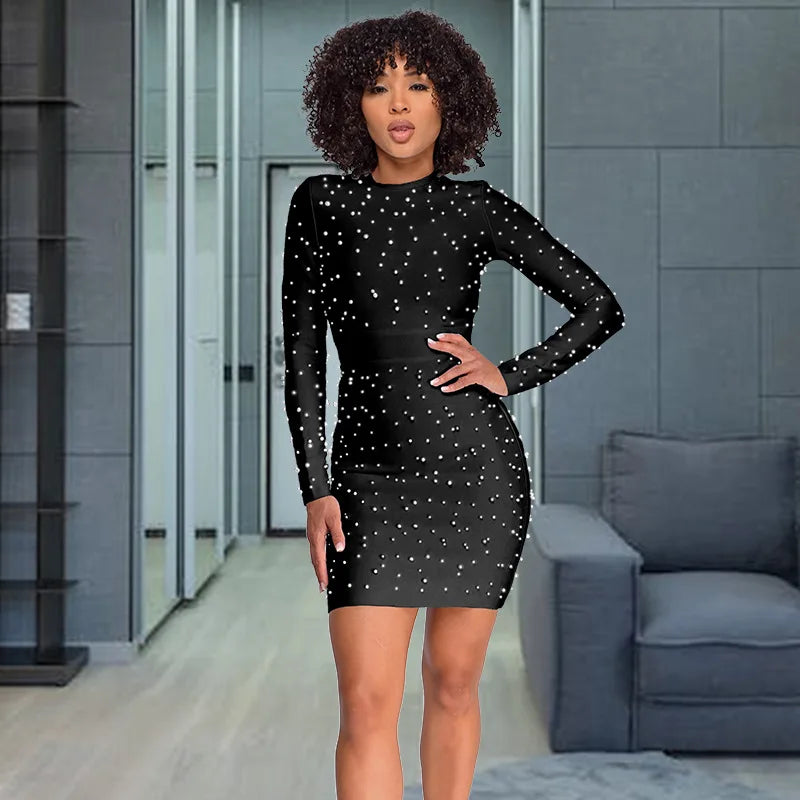 Amay Beading Elegant Party Club Dresses Long Sleeve Sexy Evening Dresses Women's Dress Fashion Bodycon Welcome Cocktail Prom Dress