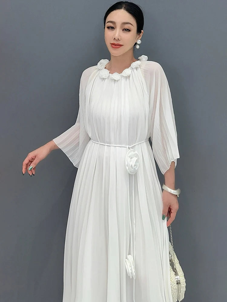 Babs Summer New Dress For Women Flower Bract Neck Flower Bract Sleeve Lace Fold Female Big Swing Black Dresses 5C1280