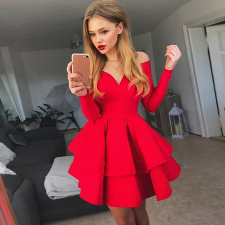 Maxy European American New Women's Cross-border Shoulder Dress Sexy and Elegant Deep V-neck Long-sleeved Princess Evening Dresses