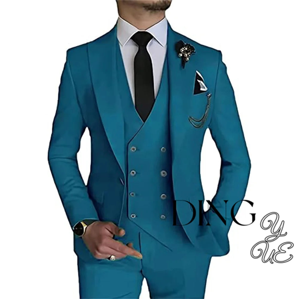 Visco Men Business Blazers Jacket Vest Trousers High End Wedding Party Groom Suit 3 Pieces Sets Coat Pants Big Size Dress