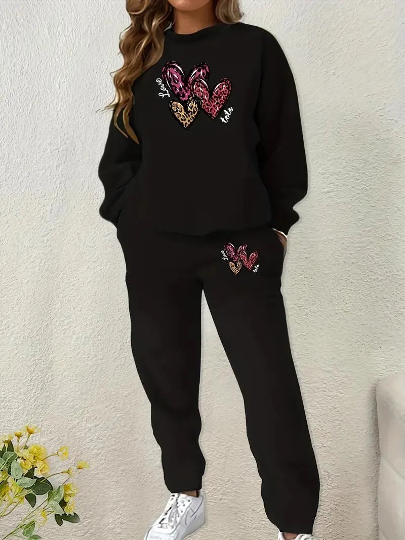 Maxy Women's casual heart-print pullover and sweatpants set - women's comfortable 2-piece set, perfect for fall and winter