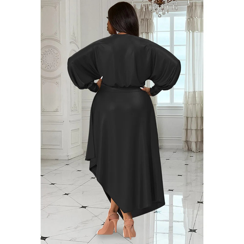 Maxy Plus Size Women's Everyday Dress Brown V Neck Long Sleeve Irregular Spring and Summer Satin Cinched Waist Maxy Dress