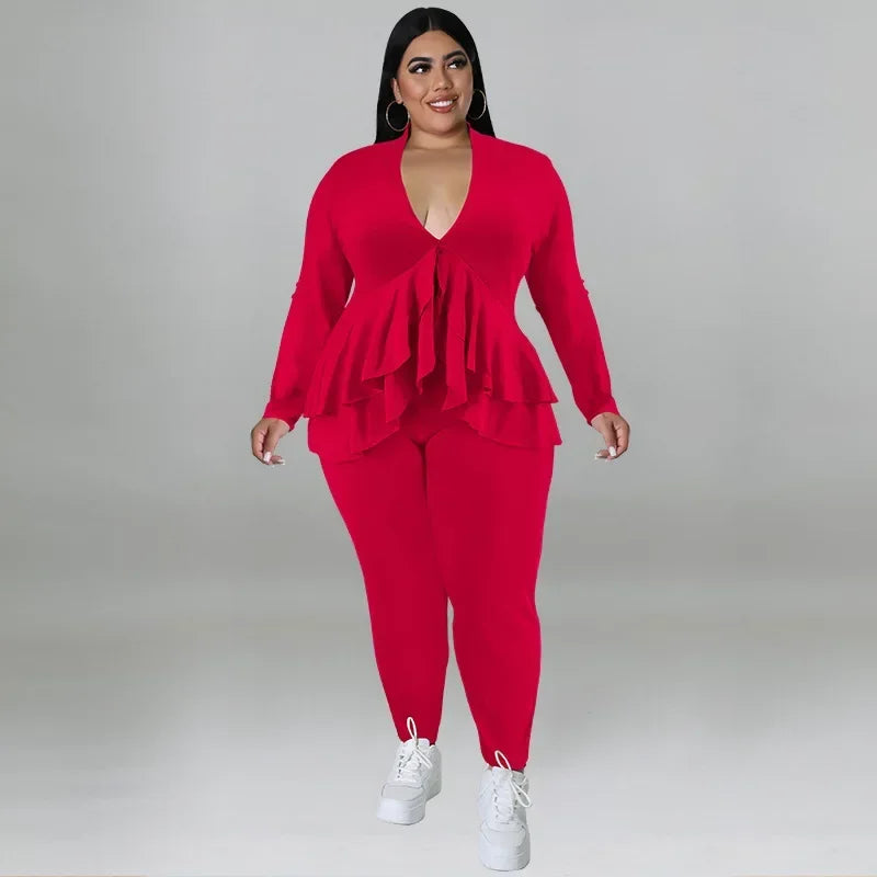 Amay Plus Size Women Set Fashion Ladies Ruffles Hem V-neck T-shirt and Legging Pants Suit Spring Female Two 2 Piece Set Outfit