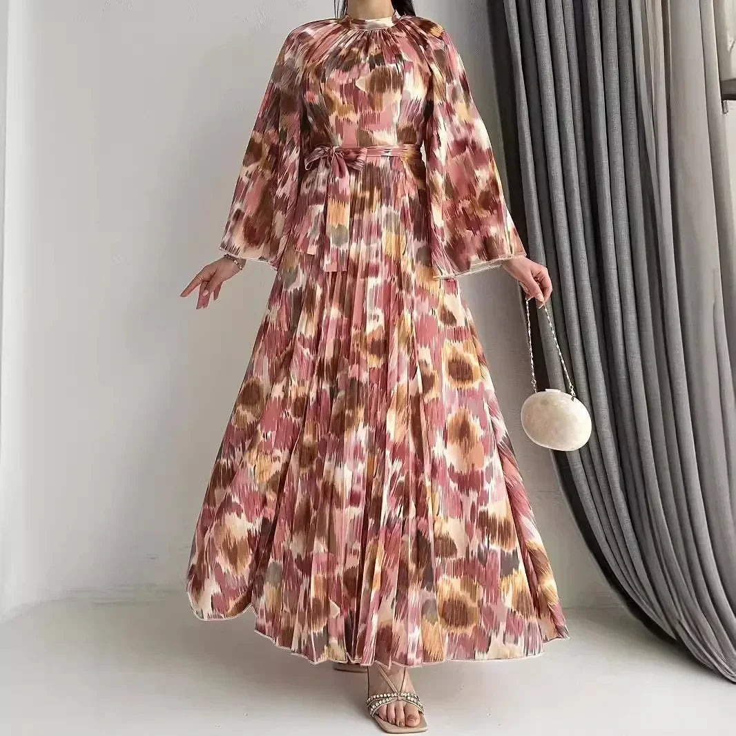 Maxy An Indian Ladies' Muslim Robe. It Is A Fashionable Long - Printed Dress with A Belt From Dubai, Turkey in The Middle East