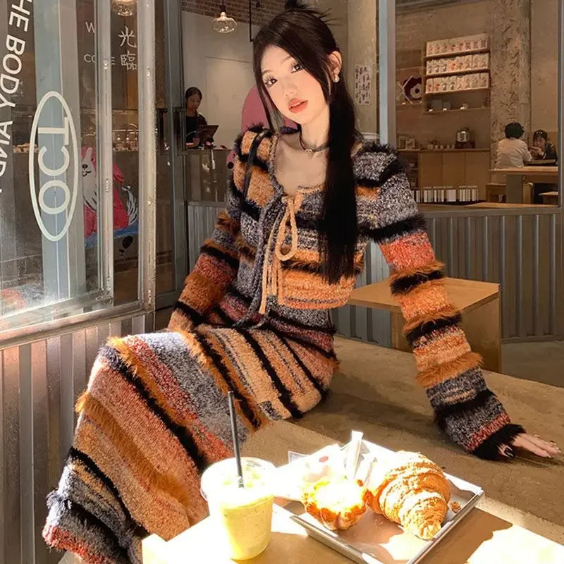 Maxy Striped Knitted Two-Piece Sets Women Korean Style Sexy Long Sleeve Cardigan Autumn Winter Sweater Sling Dress Y2k Suits