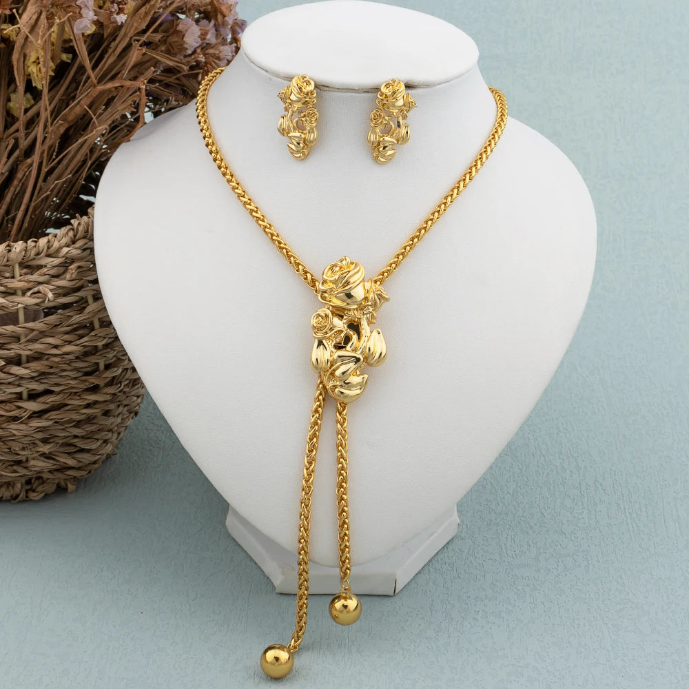 Maxy New Fashion Gold Plated Jewelry Set Pendant Necklace Drop Earrings for Women Adjustable Chain Party Bohemia Jewelry