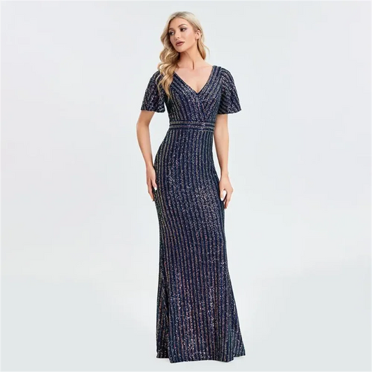 Maxy Party Dresses Short Ruffe Sleeve Evening Dress Shinning Sequins V-neck Floor Length Mermaid Robes Women Gowns