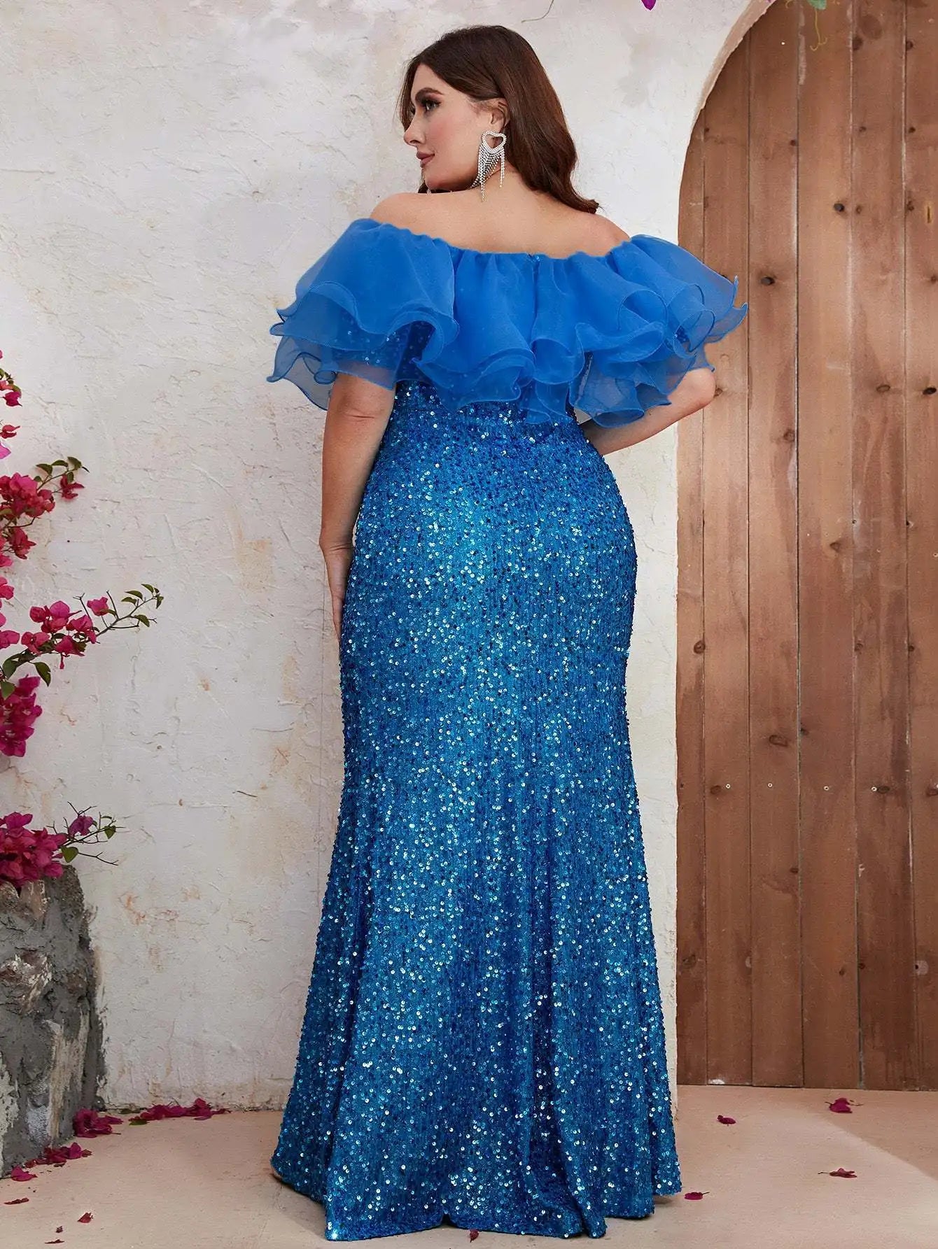 Maxy Plus Size Women Party Dresses New Fashion Strapless Mesh Splicing Elegant Sequin Wedding Dresses Large Female Evening Long Dress