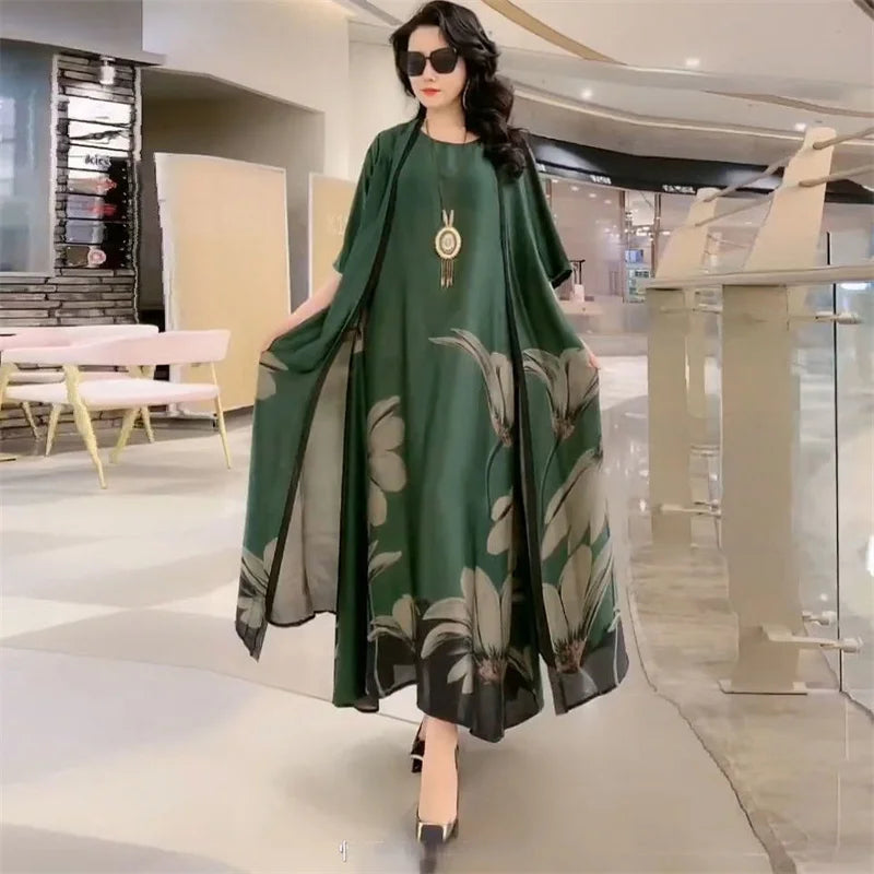Maxy Middle Aged Mother Dress Suit Summer Casual Fashion Printing Two Piece Suits Long Dress Suits Women Temperament Dress Sets 729