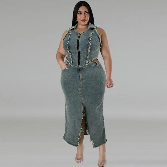 Maxy 2 Piece Set Women Spring Summer Plus Size Denim Sleeveless Tops And Skirts Suits Mujer Matching Sets Jacket Outfit