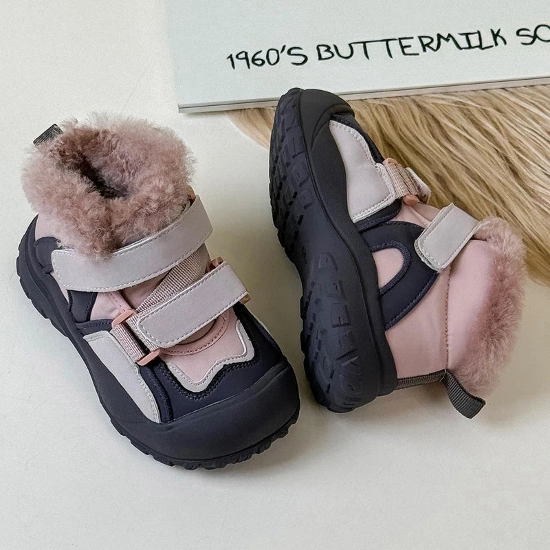 Maxy High Quality Kid's Sneakers Boots with Fur Plush, Solid Black Pink Water-proof Warm Winter Ankle Boots,Toddler Anti-slip Shoes