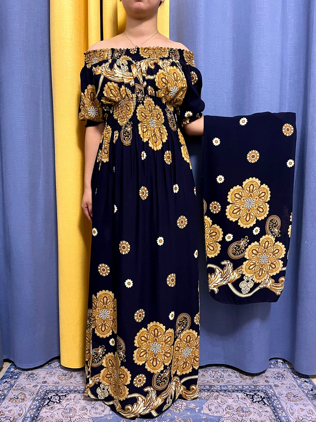 Maxy Muslim Abayas For Women Fashion Floral Elasticity Boat Neck Loose Fit Femme Robe African Party Evening Dresses With Turban