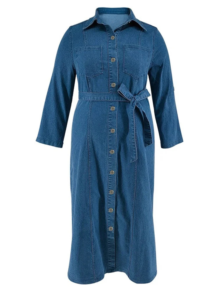 Wmstar Plus Size Denim Dresses Women Long Sleeve Casual Button New Maxi Dress Fall Clothes Wholesale Dropshipping with Bandage