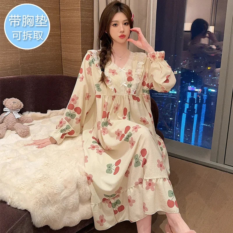 Maxy 150Kg Large Size Sweet Nightgown with Chest Pads Women Autumn Spring Long-sleeved Pajamas Loose Fattened Loungewear Sleep Dress