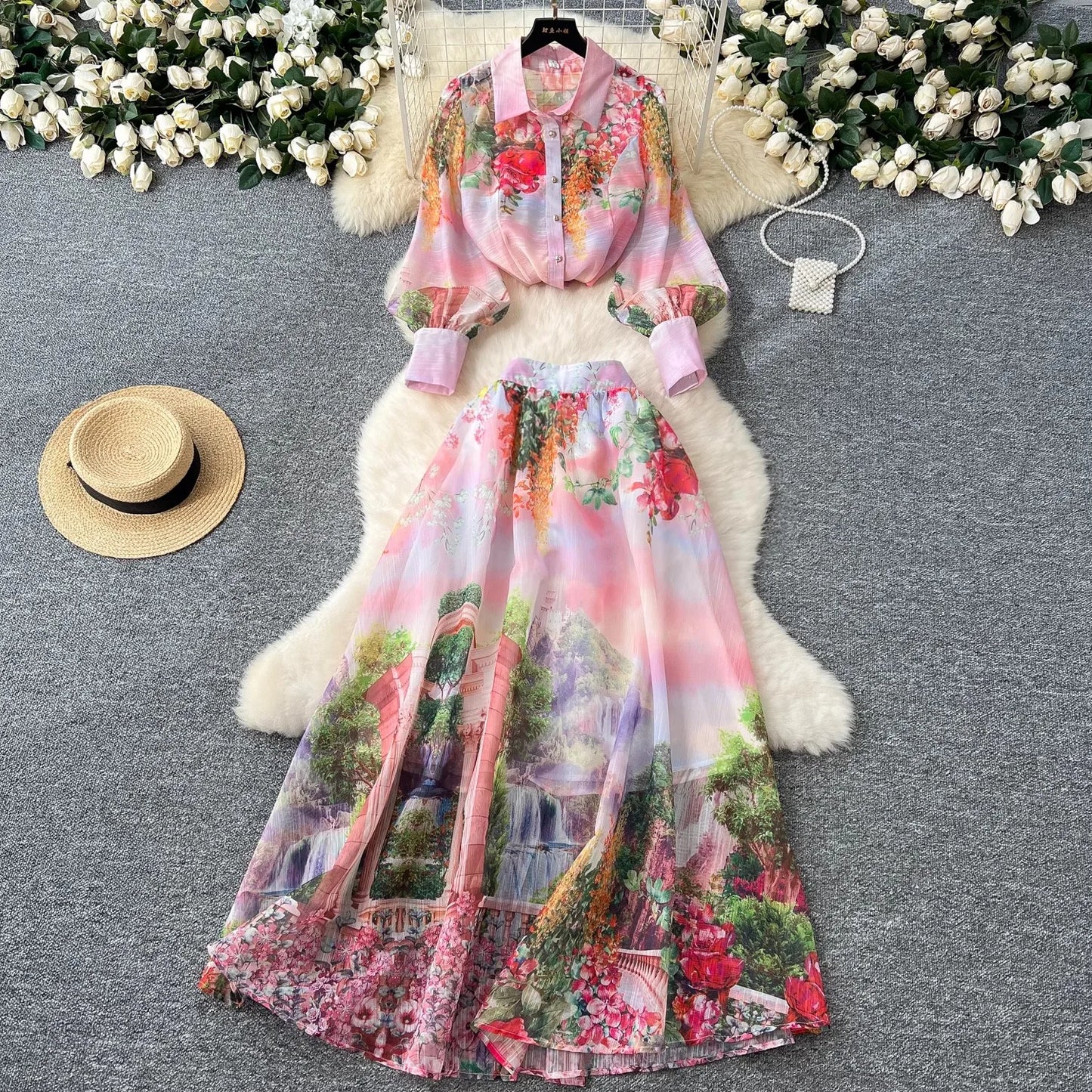 Maxy High Quality Women Summer Boho Floral Print Skirt Set Long Sleeve Blouse Top+High Waist Pleated Maxi Skirt Two Piece Suits