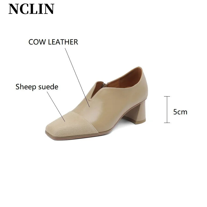 Maxy Autumn Genuine Leather Loafers French Square Toe Chunky Heel High Heels Winter Women Pumps Shoes For Women Zaptos Mujer